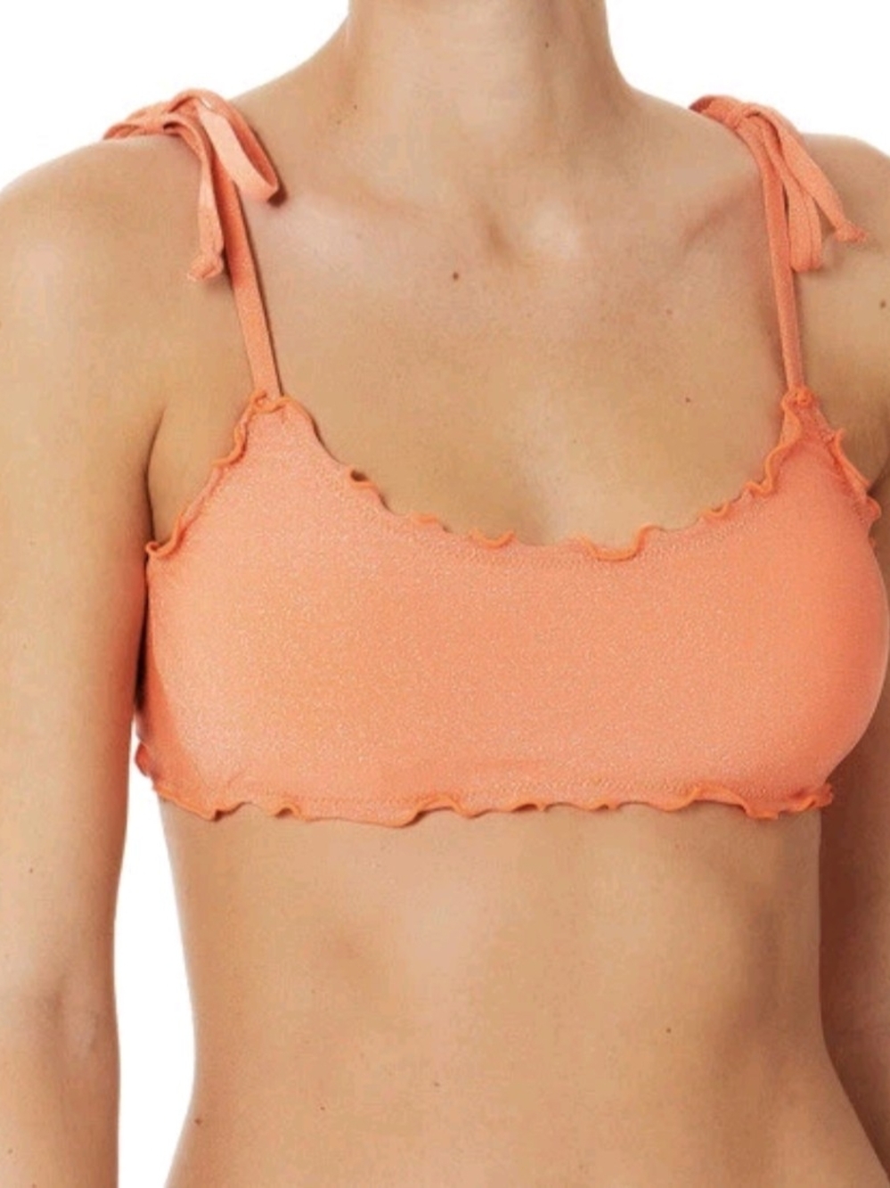 Shimmering Flash Peach Ruffle Trim Tie-Shoulder Women's Bikini SwimTop Large